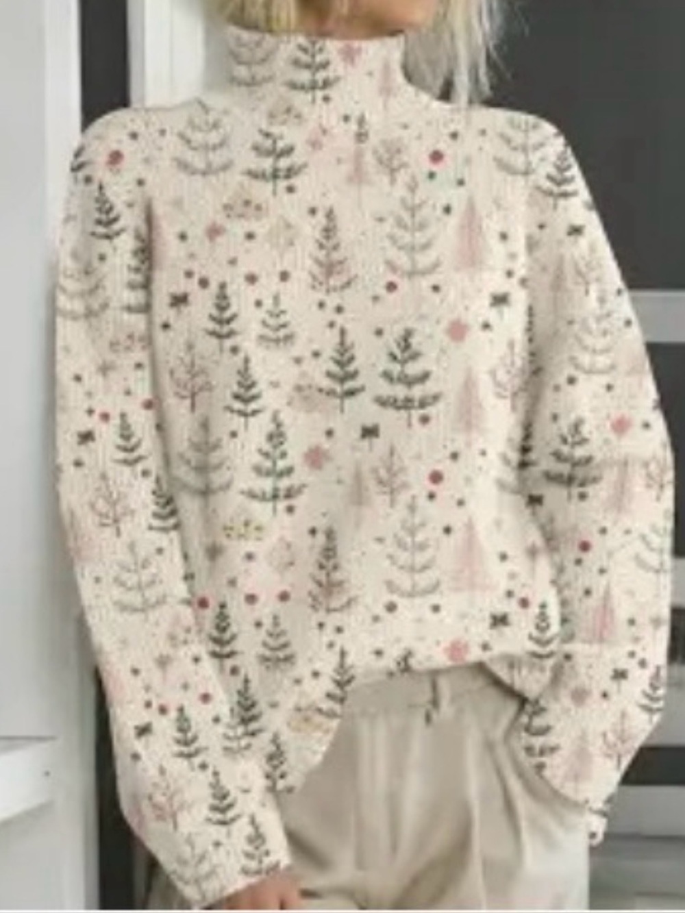 YNS Generic Cream and Red Tree Print Turtleneck Sweater